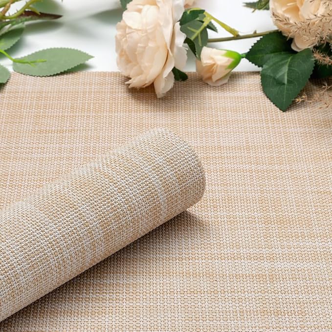 Myir JUN Placemats Set of 4, Vinyl Woven Placemats Place Mats Indoor Set of 4 Washable Table Mats Non-Slip Place mats for Dining Table (A-Beige, Set of 4)