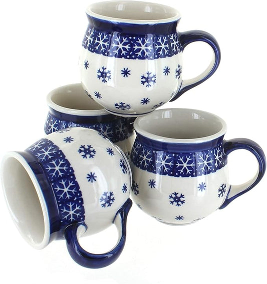 Blue Rose Polish Pottery - Blue Snow Flurry 4PC Bubble Mug Set - 4 10 oz Mugs - Polish Pottery Coffee Mug, Festive Design for Hot Chocolate, Tea & Coffee