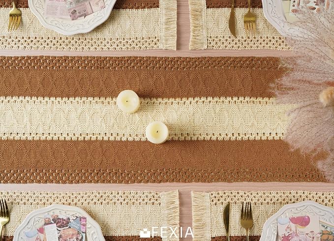 FEXIA Boho Table Runner for Home Decor with Tassels 72 Inches Long Farmhouse Rustic Caramel Table Runner Macrame Burlap Table Decoration for Living Room Bridal Shower (12x72 Inches)