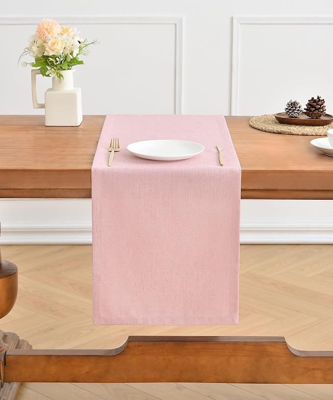 Wracra Linen Style Table Runner, Rustic Farmhouse Pink Table Runners 48 Inches Long, Handcrafted Table Runner for Fall, Winter - Everyday Use and Machine Washable