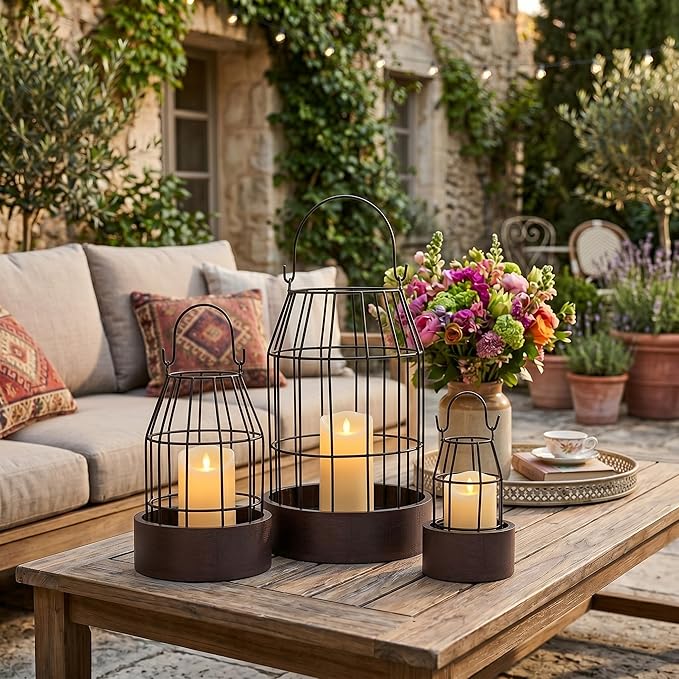 Rustic Farmhouse Lantern Decoration Set of 3, Modern Decorative Lanterns Indoor Outdoor, Metal Candle Holders for Porch Patio Fireplace Mantle Dining Room Table(Dark Brown, Black)