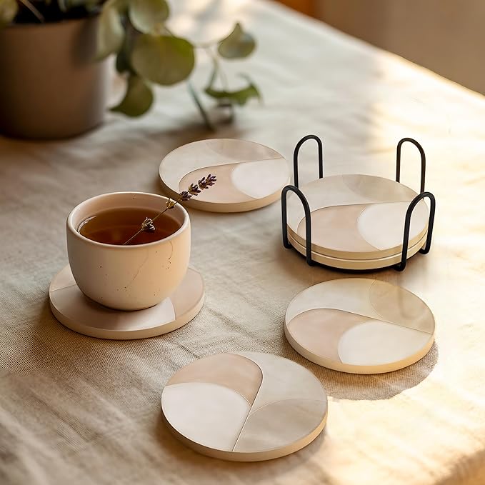 VEYRO Ceramic Coasters Set of 6 – Absorbent Stone Drink Coasters with Holder, Non-Slip Cork Backing, Modern Marble Look Coasters for Coffee Table, Desk & Home Decor