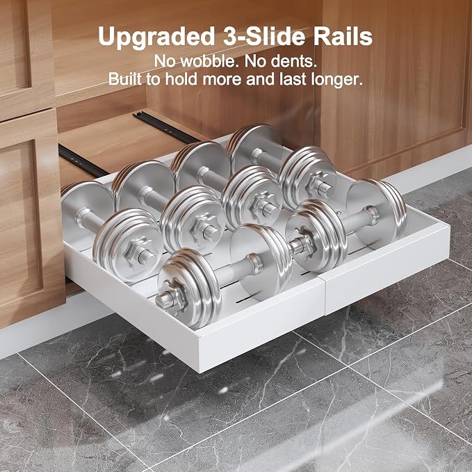 Expandable Pull Out Drawer for Cabinets, 21" Deep, Adjustable 12–20" Width – Magnetic Dividers, Optional Riser, Heavy-Duty 3-Rail Glide, No-Drill Roll-Out Shelf Organizer for Kitchen, White