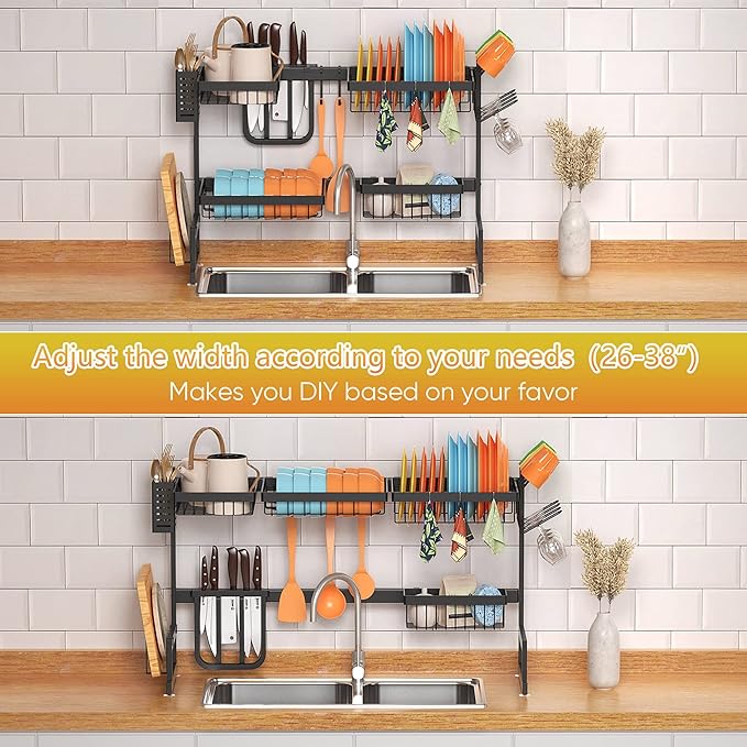PUSDON Over the Sink Dish Drying Rack, 2 Tier Adjustable Large Capacity Stainless Steel Dish Rack for Kitchen Counter, Heavy Duty Space Saver Organizer with Utensil Holder, Black