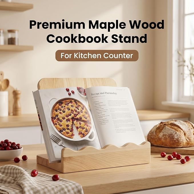 2-in-1 Wooden Cookbook Stand & Cutting Board, Maple Kitchen Decor | Type: Cookbook Stand + Removable Cutting Board | Material: Solid Maple Wood | Design: Scalloped Edge, Artistic Flair |