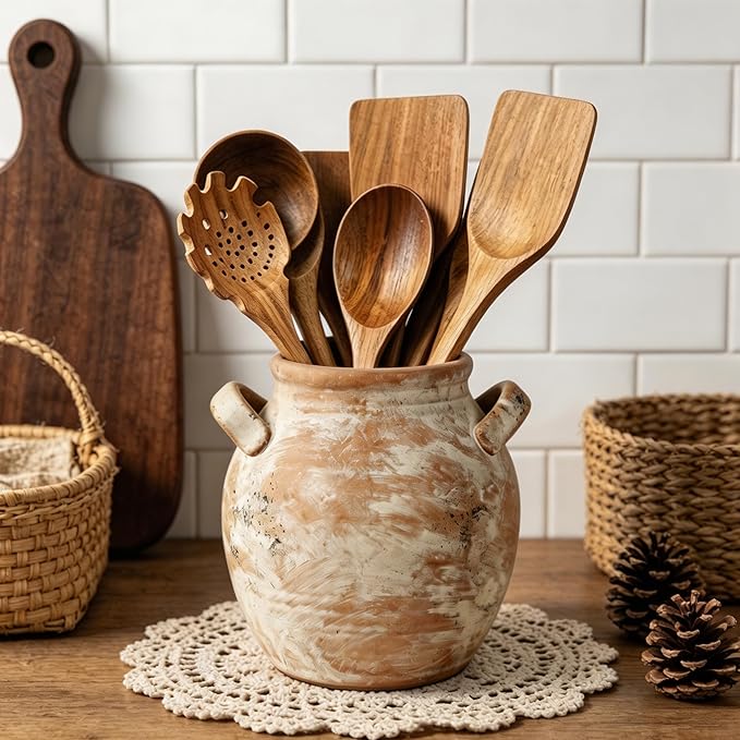 Rustic Kitchen Utensil Holder with Handle, 7" Ceramic Farmhouse Stable Utensil Crock for Countertop, Vintage Cooking Tool Organizer & Spatula Holder For Kitchen Decor (Light Embroidery Hue)