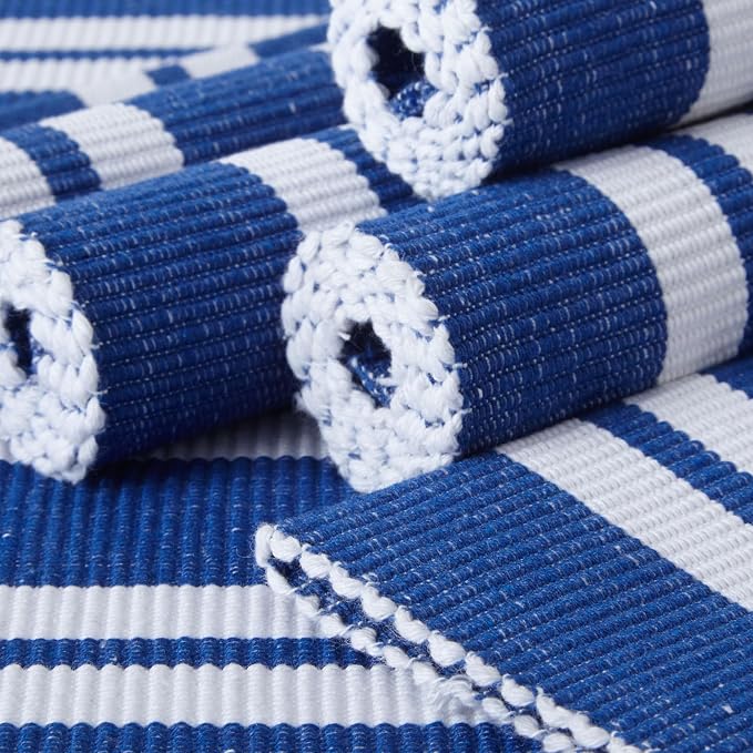 Encasa XO Dining Placemat Set of 6 | Franca Blue Stripes Color | Fine Ribbed Cotton Table mat | Size 19x13 in | Machine Washable