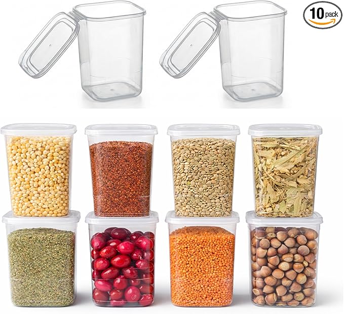 10 Pack 39 oz Airtight Food Storage Containers with Attached Hinged Lids – Stackable BPA Free Plastic Pantry Storage Containers for Flour, Sugar & Cereal – Clear Kitchen Containers