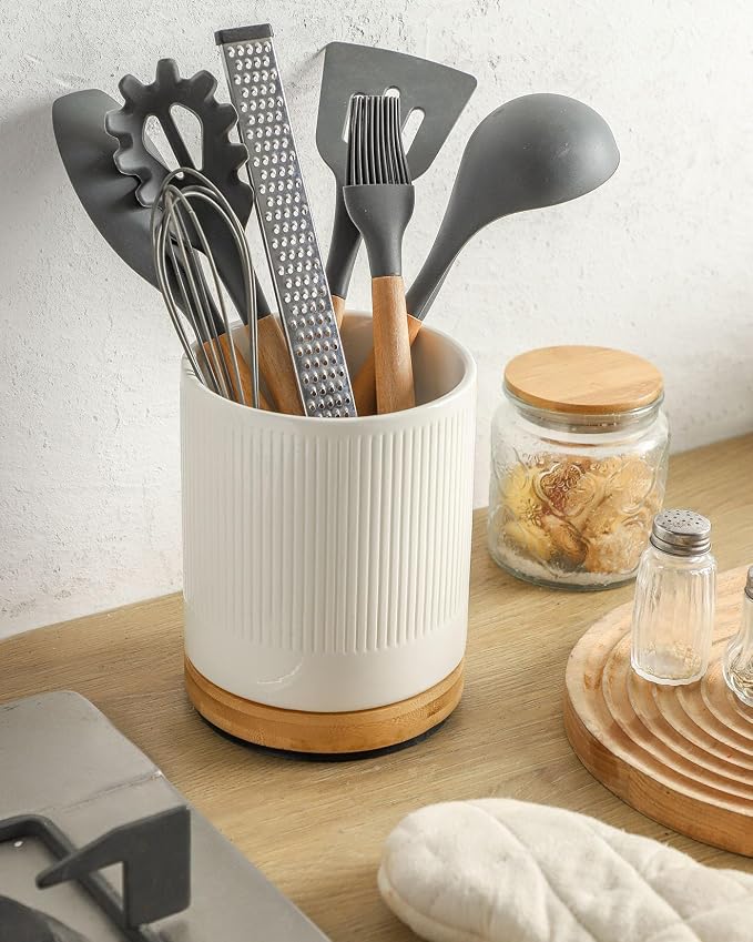 Kitchen Utensil Holder for Countertop, Ceramic Rotatable Utensil Crocks, Kitchen Tool Holder, Cooking Utensil Holder Organizer for Spatula, White