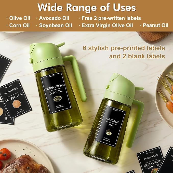 Poshetion 2 in 1 Olive Oil Sprayer for Cooking, 16oz Light-Proof Oil Dispenser for Kitchen, Leak-Proof Oil Spray Bottle for Air Fryer, Salad, BBQ, Baking, Grilling - Green