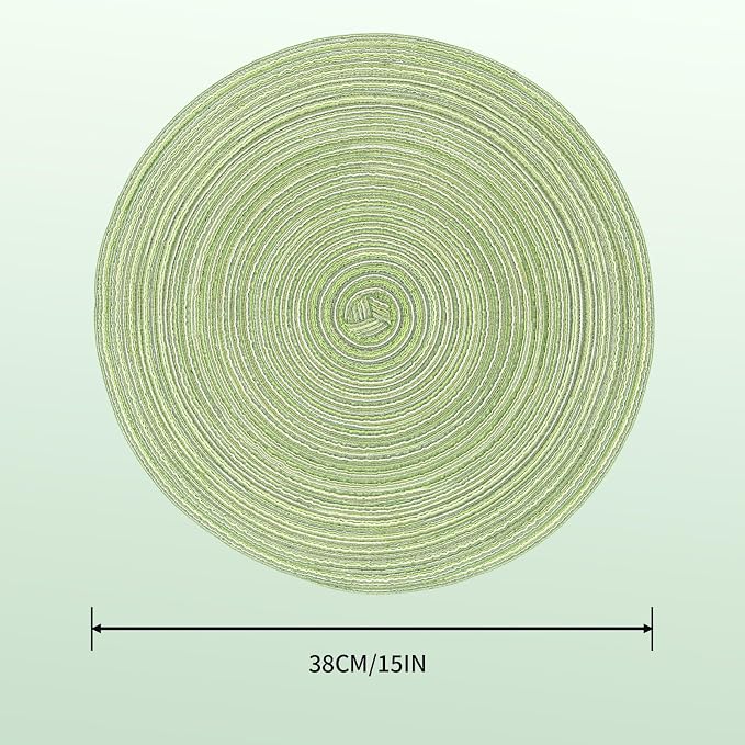 15'' Round Woven Placemats Set of 6, Natural Heat Resistant Washable Non-Slip Woven Table Mats-Green
