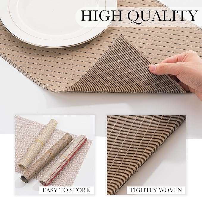 BACKTOEDEN Placemats Set of 6 Heat Resistant Washable Wipeable Placemat Woven Non-Slip Foldable Vinyl/Plastic Place Mats Indoor/Outdoor Mat Kitchen Dining Table Pad, Khaki Twill