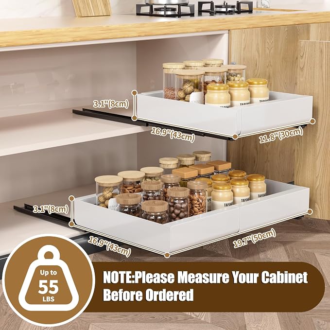 Pull Out Cabinet Organizer, Width Expandable (11.7"-19.7") Heavy Duty Slide Out Drawers Fixed with Adhesive Nano Film for Pots, Roll Out Shelf Storage For Kitchen,Pantry,Garage,Bathroom Storage