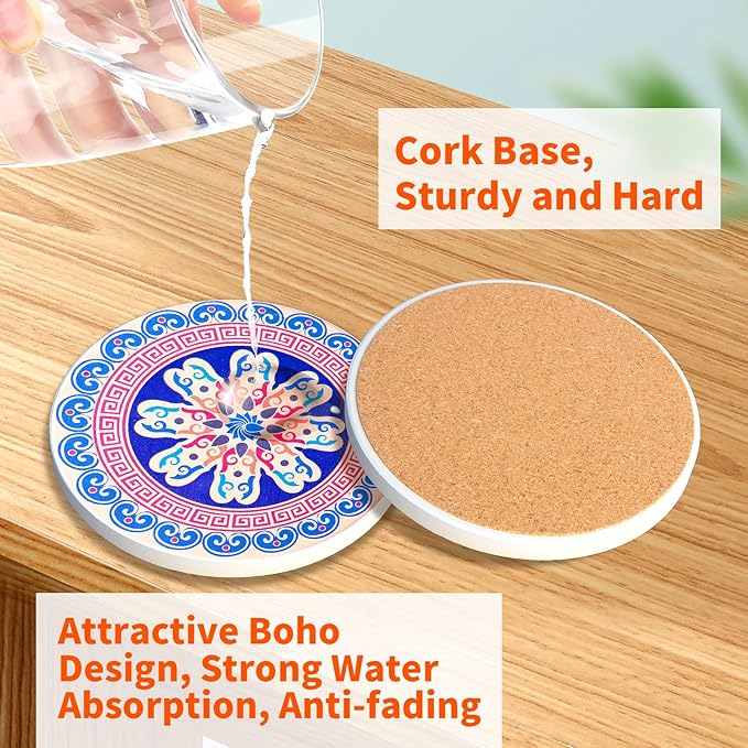 Drink Coasters with Holder Set of 8 Ceramic Boho Mandala Coasters for Drinks Absorbent Stone with Cork Base Colorful Decor for Coffee Beer Mugs Glasses Cups Housewarming Table Desk Protection