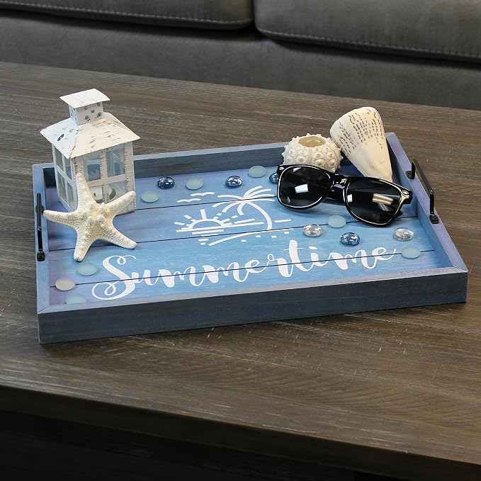 Elegant Designs HG2000-BST Summer Sun Palm Tree Beach Decorative Wood Serving Tray w/Handles, 15.50'' x 12'', Summertime, Blue