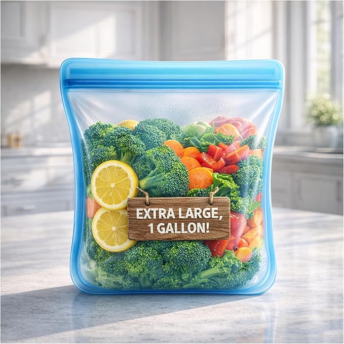 Albino Monkey Reusable Silicone Food Storage Bag, Extra Large XXL 1 Gallon 135 oz - Airtight Leakproof Stand-Up Freezer Bag for Meal Prep, 100% Food-Grade Silicone, BPA-Free (Blue, 1-Pack)