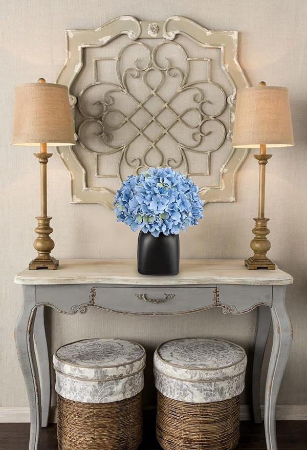 Briful Blue Hydrangea Artificial Flowers in Ceramic Vase, Black Vase Farmhouse Centerpieces for Tables, Dining Table Vase with Fake Flowers for Home Decor Indoor Kitchen Living Room