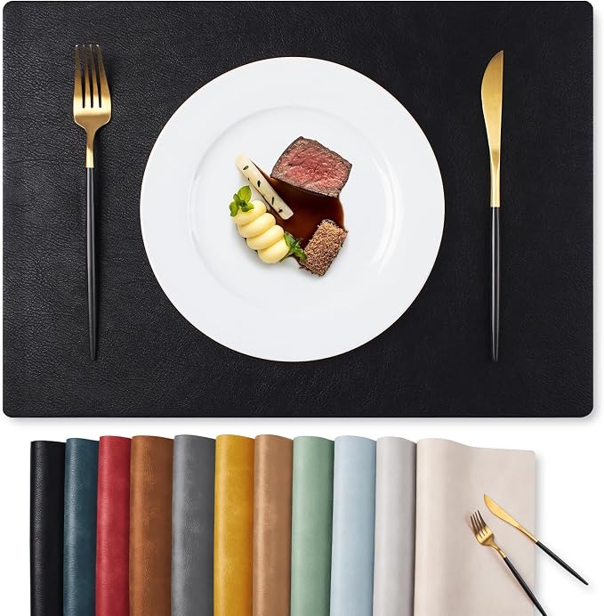 MOSAYT Vinyl Placemats Set of 6-12 X 17 Inch - Faux Leather 100% Waterproof Oil-Proof Wipeable PU Place Mats, Heat Resistant Reversible Table Mats for Kitchen, Dining, Outdoor, Black
