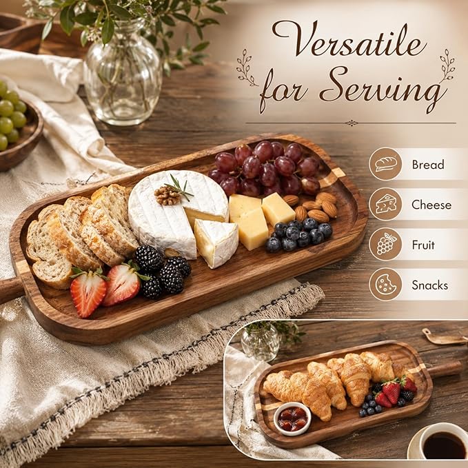 Acacia Wood Serving Board with Raised Tapered Handle, Small Charcuterie Board for Two, Rectangular Cheese Tray for Snacks, Fruit, Meat, Bread, Appetizer, Mom Gift(16''l X 7.65''w X 1.25''d)