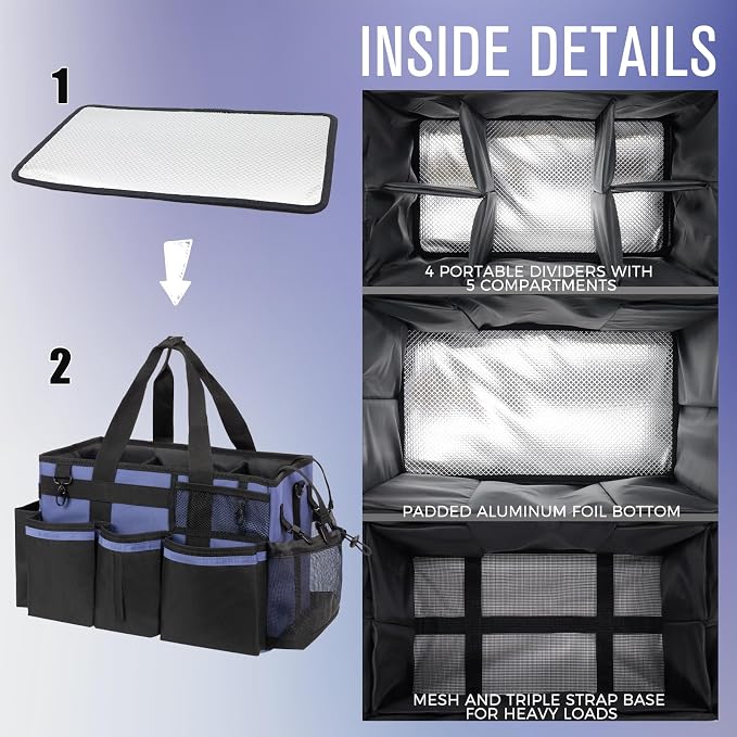 SCAVATA Wearable Cleaning Caddy, Cleaning Caddy Supplies Organizer with Handle & Shoulder Straps for Housekeepers, Under Sink & Car Cleaning Tool Organizers Bag with 4 Foldable Divider (CeruleanBlue)