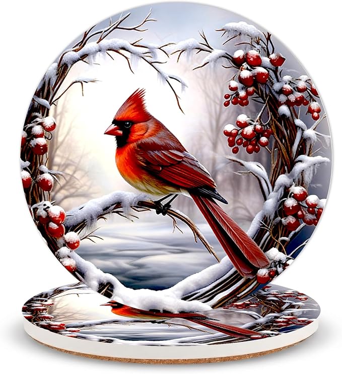 Red Bird Ceramic Coasters of 2 with Cork Backing Absorbent Cup Coaster | Non-Slip Coasters for Drinks and Coffee Table Office Desk Home Decor, Gifts for Red Bird Fans, Mom, Birds Lovers