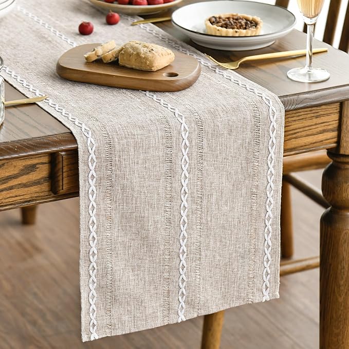 Artoid Mode Brown Rustic Cotton Linen Table Runner, Seasonal Embroidered Hollow Kitchen Dining Table Decoration for Home Party Decor 13x60 Inch