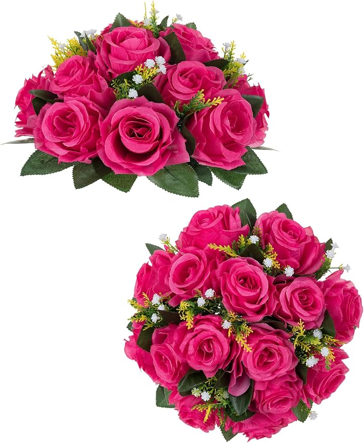 BLOSMON Hot Pink Flowers Artificial: 2 Pcs Fake Rose Balls Centerpieces | Faux Silk Kissing Bouquet Floral Arrangement for Home Wedding Party Event Table Decoration