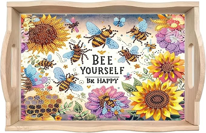BAYUNOE DIY Diamond Serving Tray Rectangular Breakfast Tray with Handle Handmade Diamond Art Painting Wooden Tray Spring Creative Dinner Plate Coffee Room Living Home Organizer-Sunflower Bee