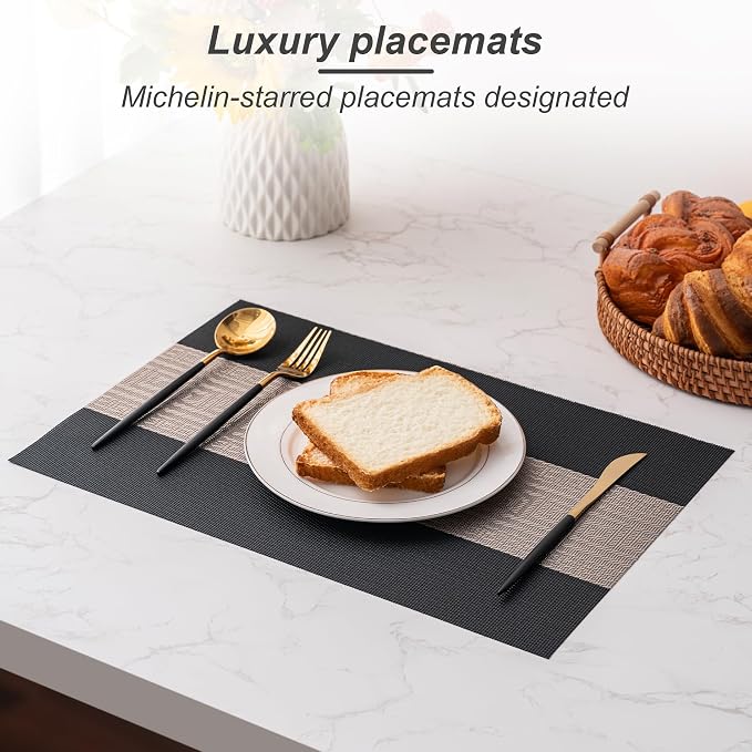 CADONO Placemats Set of 6 Washable Indoor/Outdoor Vinyl Place Mats for Dining Table Durable Non-Slip Heat Resistant PVC Weave Table Mats（Classical Style-Black）