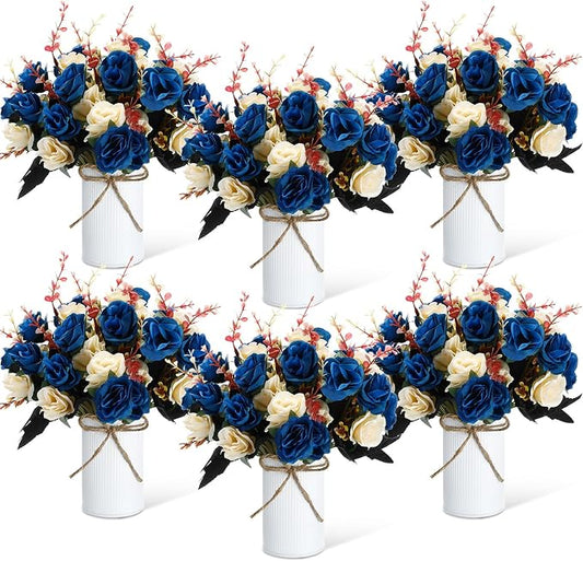Domensi 6 Sets Wedding Centerpiece for Table Artificial Rose with Vase Fake Bouquets and Metal Pot Flower Arrangements for Bridal Shower Birthday Party Event Table Decor (Dark Blue)