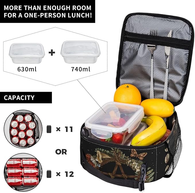 Gianlaima Wicca Moon Phase Witchy Star Magic Mushroom Insulated Lunch Box For Women And Man, Portable Lunch Bags Reusable Cooler Tote For Office Work Travel Picnic Camping Beach