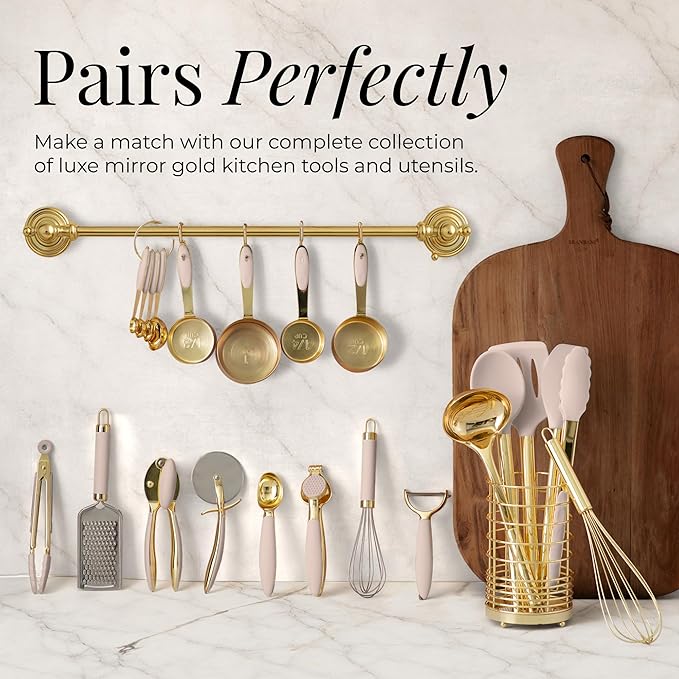 Gold Measuring Cups and Spoons Set – 8-Piece Brass Measuring Set with Beige Silicone Handles for Comfortable Grip – Stainless Steel, Stackable, Gold Kitchen Accessories for Baking & Cooking