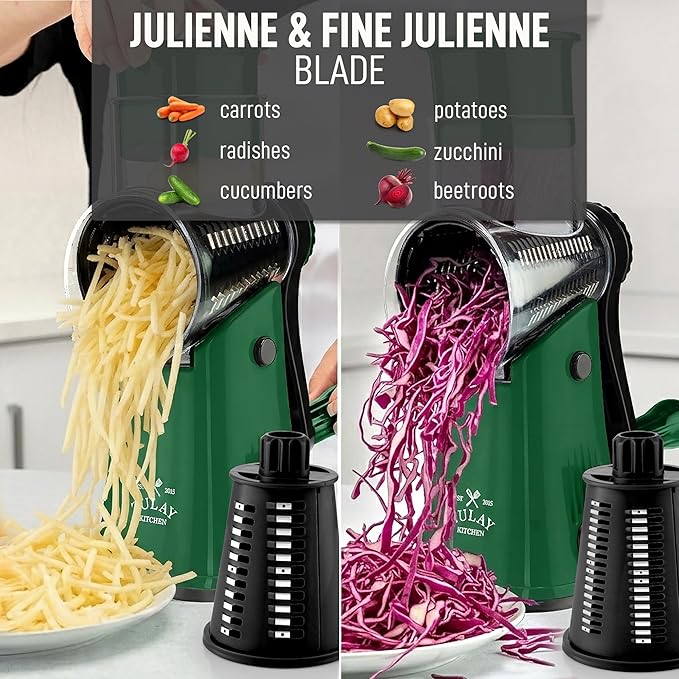 Zulay Kitchen Rotary Cheese Grater 5 Blade Cheese Shredder - Manual Hand Crank Cheese Grater With Reinforced Suction & 5 Interchangeable Drums - Easy to Use, Vegetable Chopper Round Mandoline Slicer