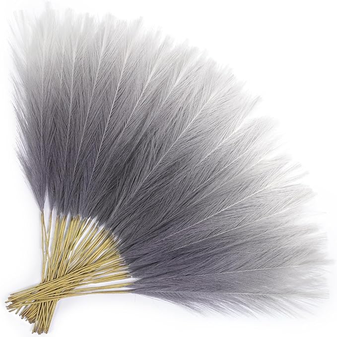 TORONTOKYO Gradient Grey Pampas Grass Decor, 50Pcs 21.6 inch Artificial Faux Pompas Grass Small Fluffy Arrangement for Wedding Boho Home Decor Vase Filler
