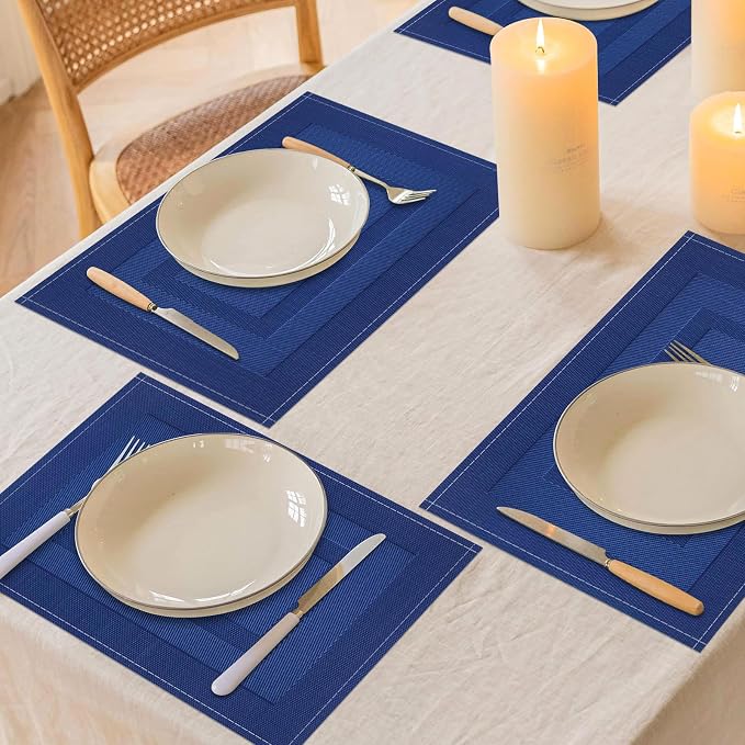 Niviy Navy Blue Placemats Set of 4, 12x18 Inch Washable Easy to Clean Heat-Resistant Anti-Skid Grey Placemats for Holiday Party Kitchen Dining Room Decoration