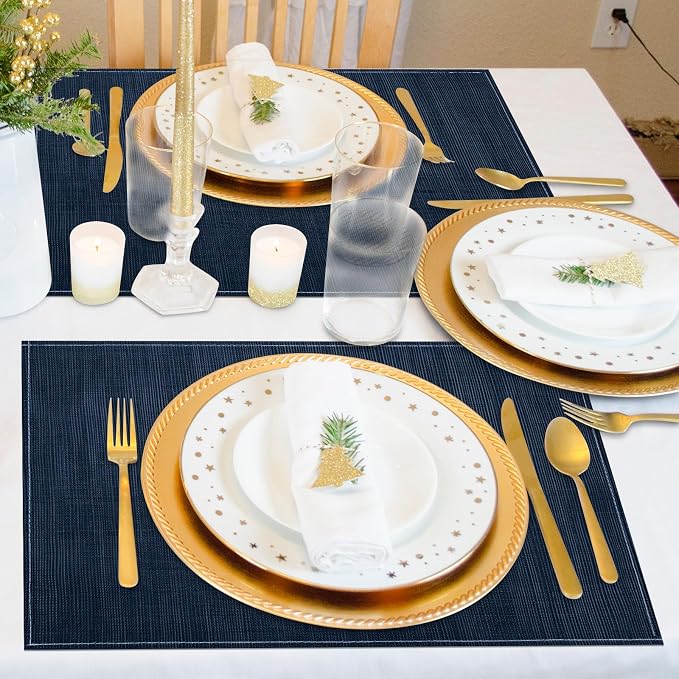Niviy Dark Blue Placemats Set of 4, 12x18 Inch Washable Easy to Clean Heat-Resistant Anti-Skid Navy Blue Placemats for Holiday Party Kitchen Dining Room Decoration