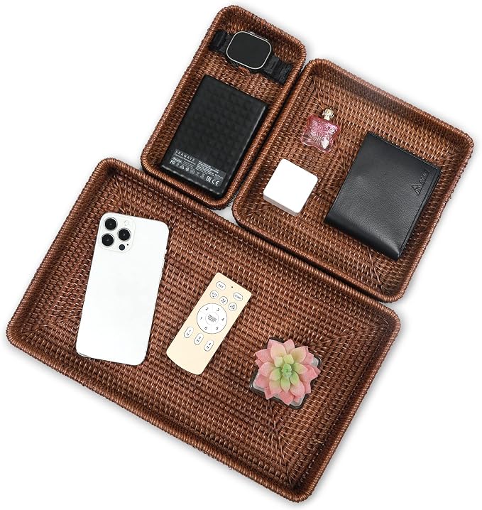 Rattan Tray Set of 3, Rectangular Woven Tray, Wicker Decorative Serving Tray, CoffeeTabletop Vanity Organizer, Bathroom Kitchen Counter, (S 4.3 x 8.3), (M 8.3 x 8.3), (L14.6 × 9.1) (Dark Brown)