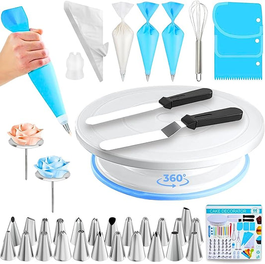 SIAM’S 66 PCS Cake Decorating Kit for Beginners – Cake Turntable for Decorating – Cake Decorating Spatula, Cake Baking Supplies with Rotating Turntable – Piping Bags & Tips Sets