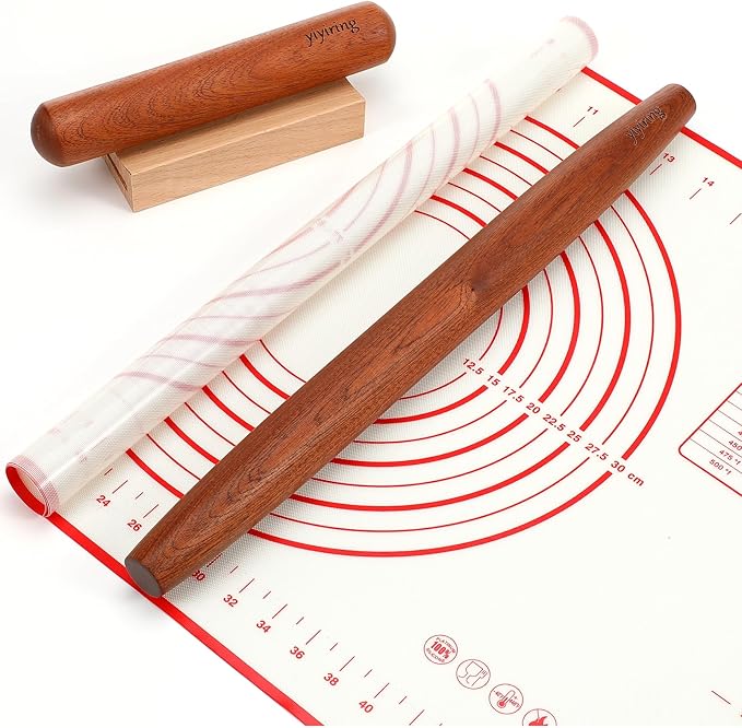 4 Pcs Sapele Wood French Rolling Pin Set Tapered and Mini Wooden Rolling Pins(15.7inch, 7.8inch)with Silicone Baking Mat and Beech Wood Base for Baking Fondant Pizza Pasta Pie Crust Pastries