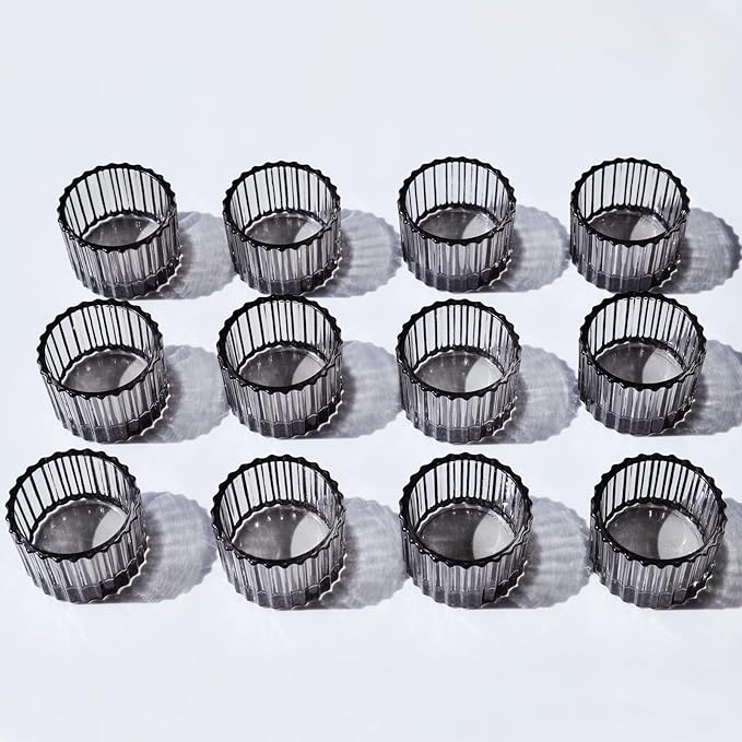 VOHO 24pcs Smokey Grey Tealight Candle Holder for Neutral Room Decor, Ribbed Votive Candle Holders for Table Centerpiece, Glass Tea Light Candle Holders Decoration for Coffee Table, Formal Anniversary