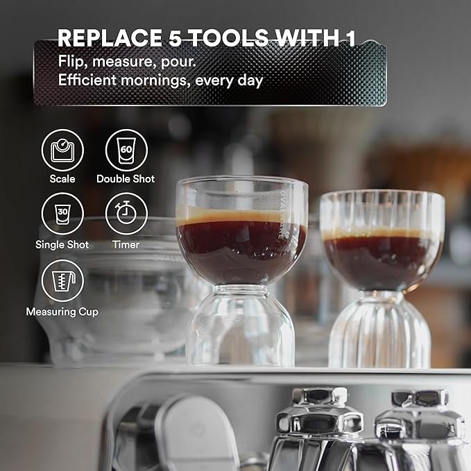 ovalware Espresso Measuring Glass Set of 2 | 30ml/1oz and 60ml/2oz Dual-Dose Stackable Borosilicate Cups | Cool-Touch Thermal Base | Oval Measurement Dots for Consistent Espresso Shots