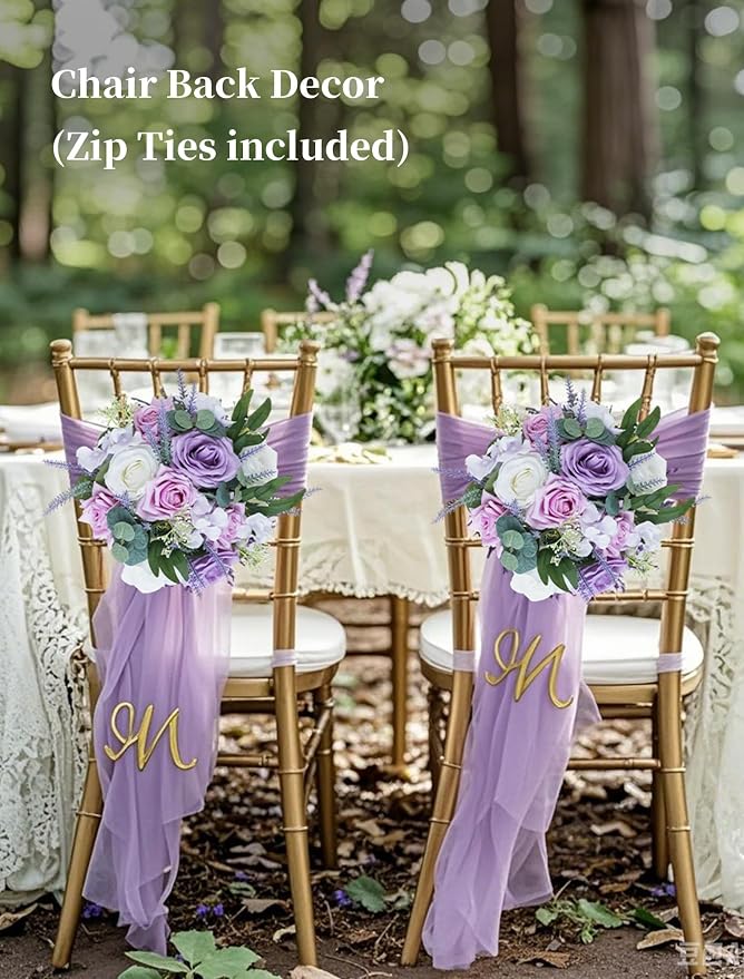 BLOSMON Purple Flowers Artificial for Decoration: 10 Pieces 9.5 Inch Fake Flower Ball Centerpieces for Wedding Tables - Lilac White Rose Lavender Fake Silk Kissing Floral Arrangements