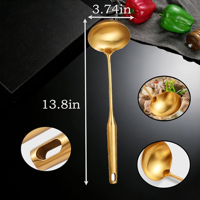 Gold Soup Ladle, 13.8 Inch 304 Stainless Steel Premium Punch Ladle & Kitchen Utensil for Serving, Stirring, Canning - Elegant Kitchen Utensil for Cooking, Sauces & Soup