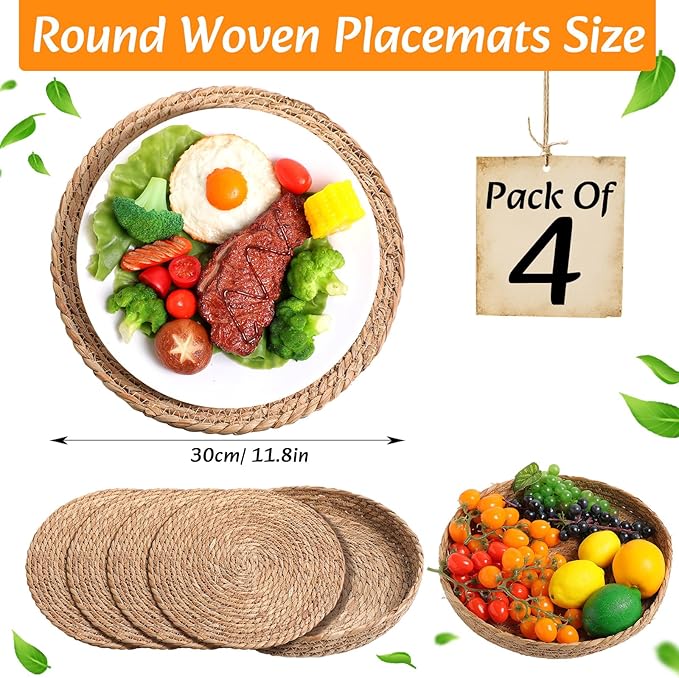 Boho Placemats 4/6/8 Set of Round Woven Placemat Macrame Style Bicolor Stitching Long Table Runner Farmhouse Rustic Natural Burlap Cotton for Kitchen Dining Table(4 Sets,Brown,12x72)
