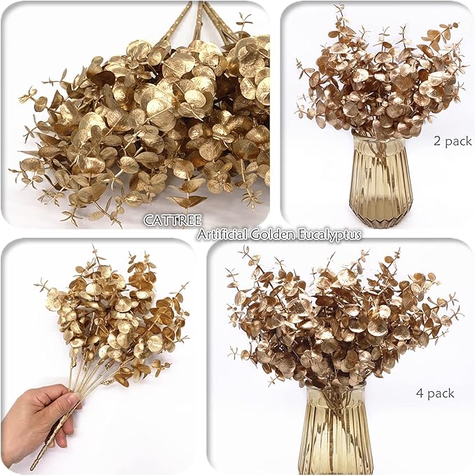 Artificial Gold Plants Decorations, Fake Plastic Golden Eucalyptus Shrubs Faux Simulation Foliage for Christmas Wedding Party Indoor Hotel Hall Home Table Centerpieces DIY Decor Planting Filler 2 Pack