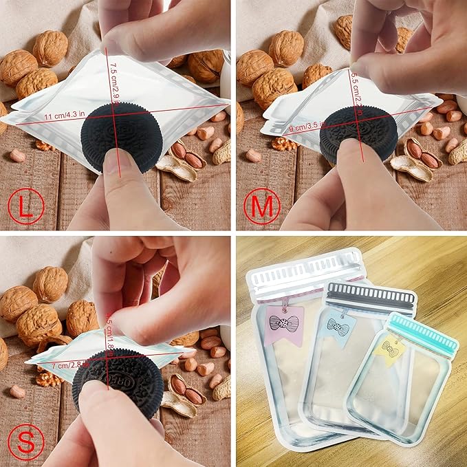 45Pcs Mason Jar Zipper Bags Resuable Snack Bags Portable Food Storage Snack Zipper Bags for Kitchen Travel Camping Picnic Organizer (15S 15M 15L)