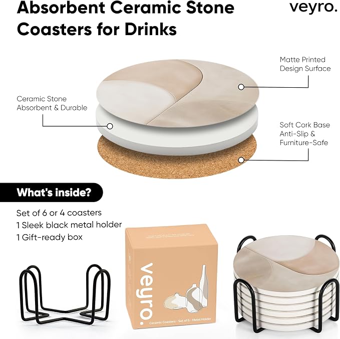 VEYRO Ceramic Coasters Set of 6 – Absorbent Stone Drink Coasters with Holder, Non-Slip Cork Backing, Modern Marble Look Coasters for Coffee Table, Desk & Home Decor
