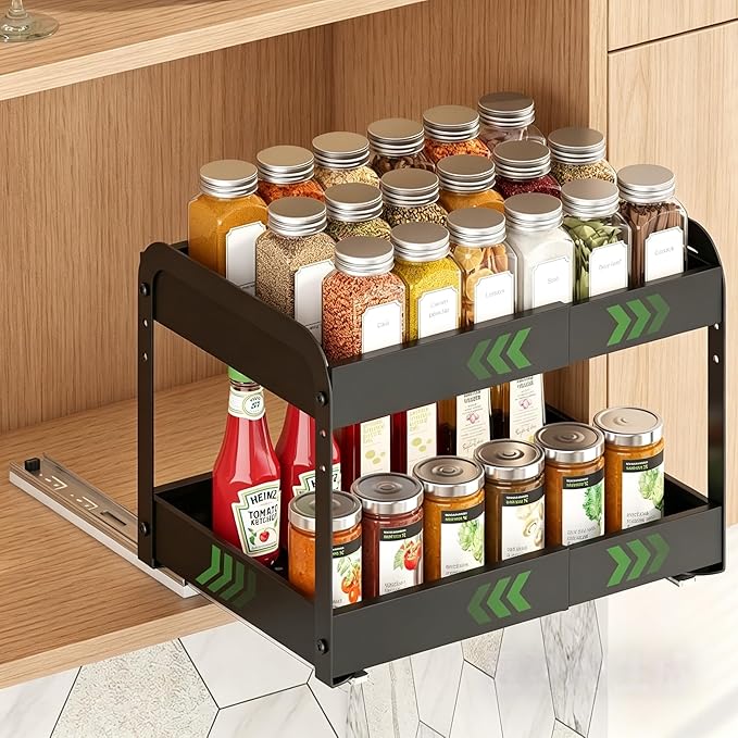 Across-Star Expandable Pull Out Drawers For Shallow Cabinets, 2-Tier Slide Out No Drill Adhesive Kitchen Cabinet Organzier, Adjustable Roll Out Sliding Shelf For Short Upper Cabinet Pantry