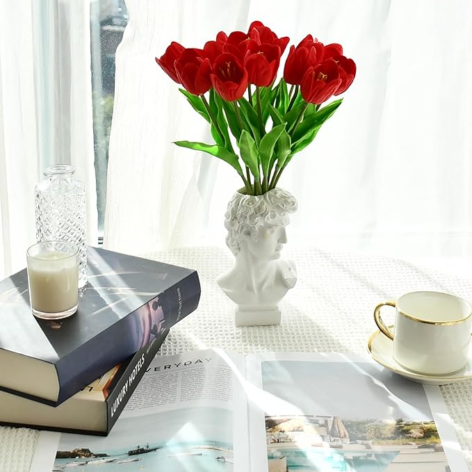 Mandy's Red Partially Open Artificial Tulips Flowers Centerpiece, 13.5" Lifelike PU Fake Floral Stems 12pcs for Kitchen Island & Dining Table, Spring Decor for Easter