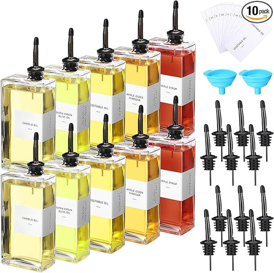Reallnaive 10 Sets Olive Oil Dispenser Bottles for Kitchen with Nozzles Funnel Labels Cooking Oil Dispenser 500ml Set for Kitchen Vinegar Coffee Syrup (Black)
